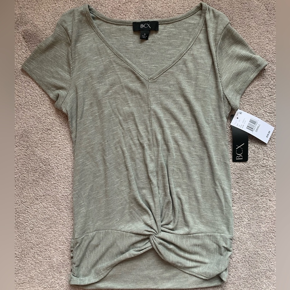 BCX olive green short sleeve shirt ruched twist NWT new small